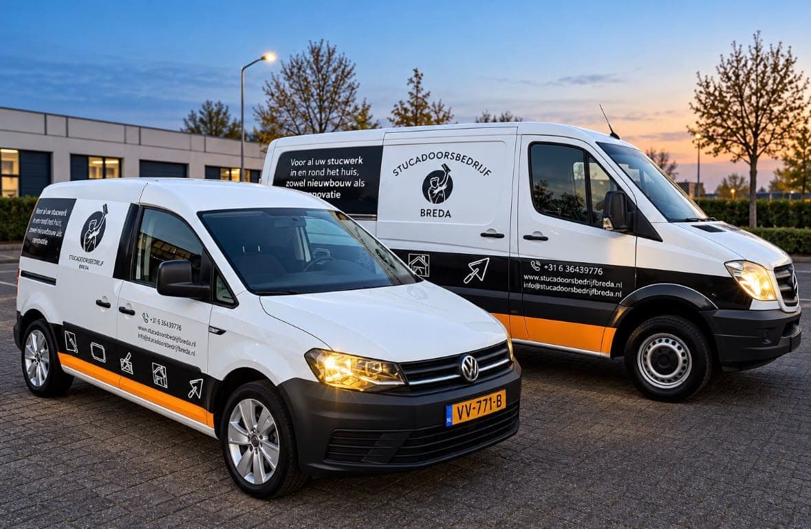 Twee bedrijfsbussen van Stucadoorsbedrijf Breda